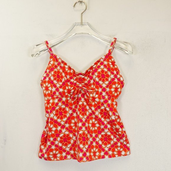 LANDS'‎ END Orange White Tankini 4P SMALL Swimwear Padded Geometric Ruched Strap - Picture 1 of 10